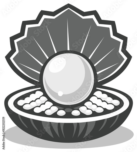 Open clam with a lustrous pearl in the center, illustration