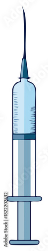 Stylized cartoon illustration of a medical syringe with a sharp needle filled with liquid for injection or vaccination