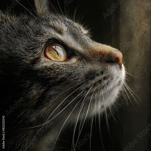 Close-up profile portrait of a striped tabby cat's face featuring intense amber eye detail.