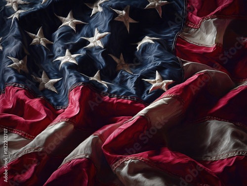 Abstract painterly close-up of a crumpled and folded american flag with textured stars