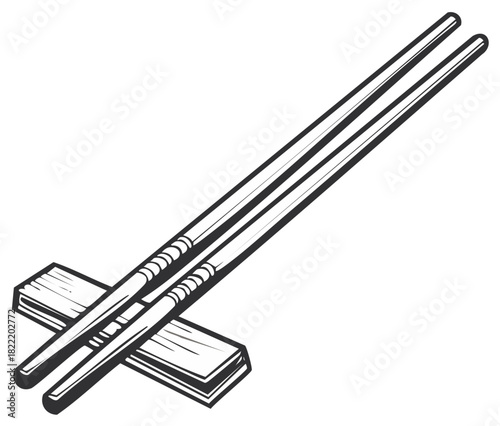 Illustrated Wooden Chopsticks Resting on Holder Asian Cuisine Isolated