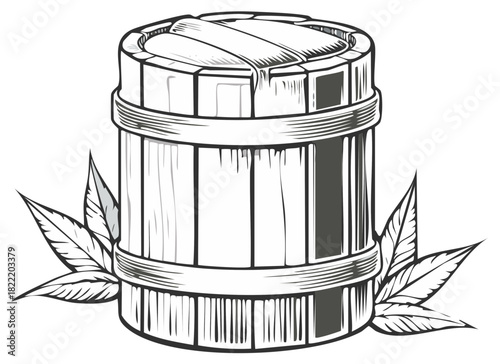 Rustic Wooden Barrel with Staves and Metal Bands Decorated with Leaves