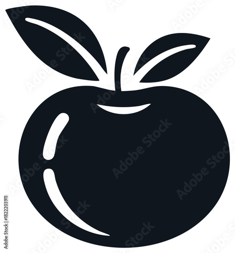 Minimalist black apple icon with leaves and stem, representing health, food, and freshness