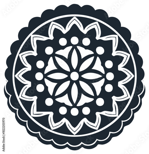 Decorative circular floral pattern with repeating elements in dark blue and white.