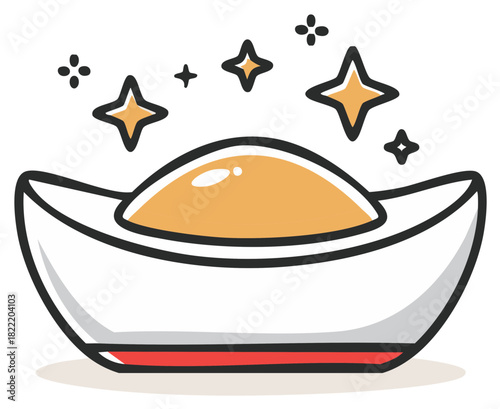 Cartoon Ancient Chinese Gold Ingot with Stars Symbolizing Wealth and Prosperity for Lunar New Year Celebration