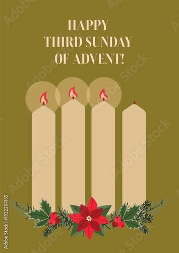 Three burning candles and one unlit candle decorated with poinsettia flowers. Flat vector illustration. Advent wreath. Third Sunday of Advent celebration.