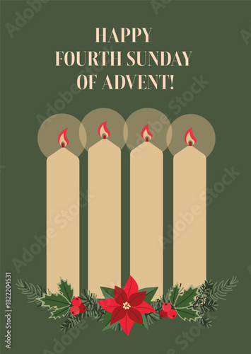 Four burning candles decorated with poinsettia flowers. Flat vector illustration. Advent wreath. Fourth Sunday of Advent celebration.