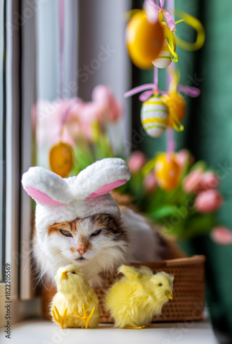 A funny cat wearing Easter bunny ears lies on a windowsill in a wicker basket...