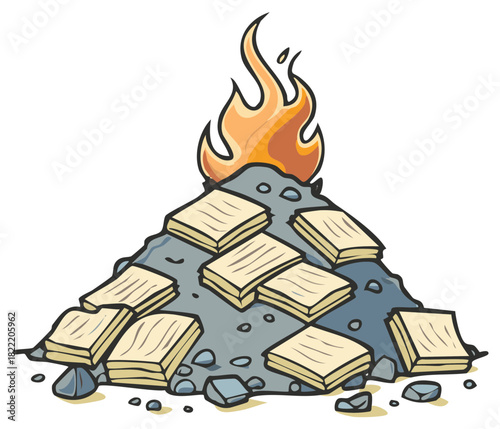 Cartoon Style Vector Illustration of Pile of Ash, Stones, Fire and Flat Wooden Boards