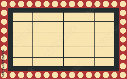 A rectangular grid with a dark border and a red border with cream colored circles around the edge