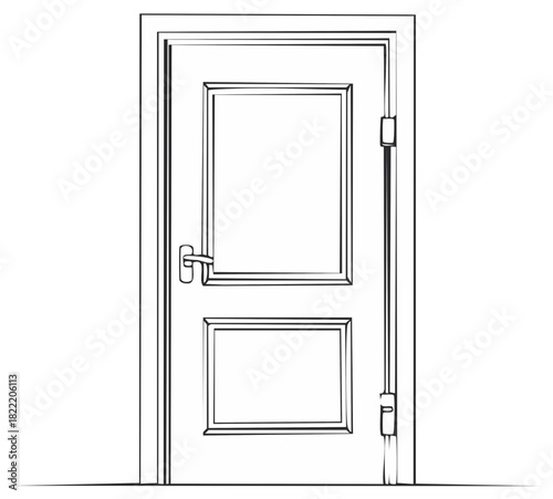 Minimalist line art illustration of a classic closed interior door featuring handle and detailed panels
