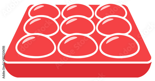 Red cartoon abstract pattern of nine ovals in a rectangular tray with white outline.