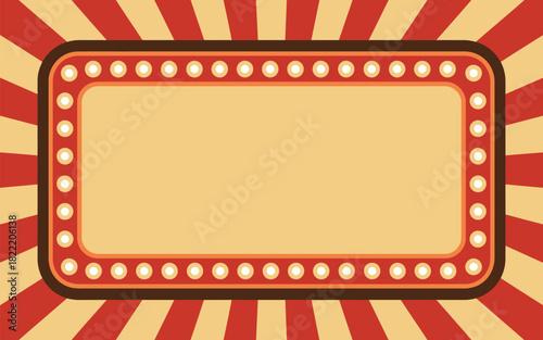 A rectangular sign with lights around the border and a striped background in red and light yellow