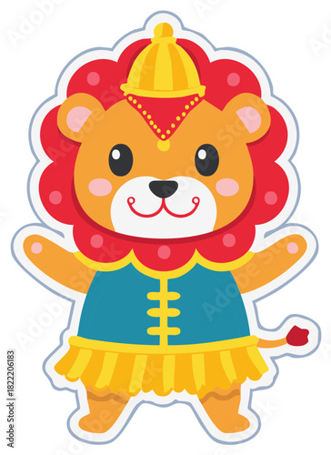 Cute cartoon lion performer wearing a crown and circus costume