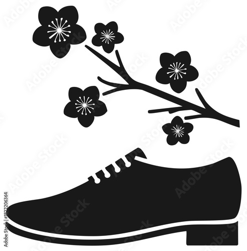 Elegant Mens Dress Shoe and Cherry Blossom Branch Minimalist Vector Illustration