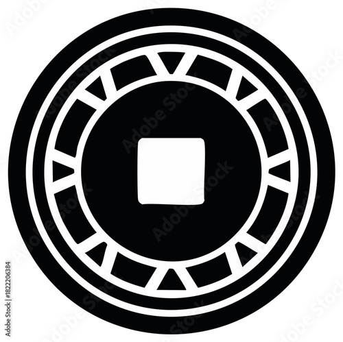 Chinese coin icon. Black and white illustration of a round coin with a square center and triangular elements.