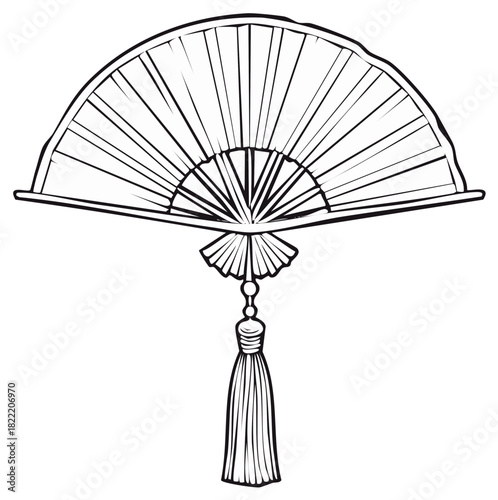 Elegant Asian Fan with Decorative Tassel Black and White Line Art Illustration