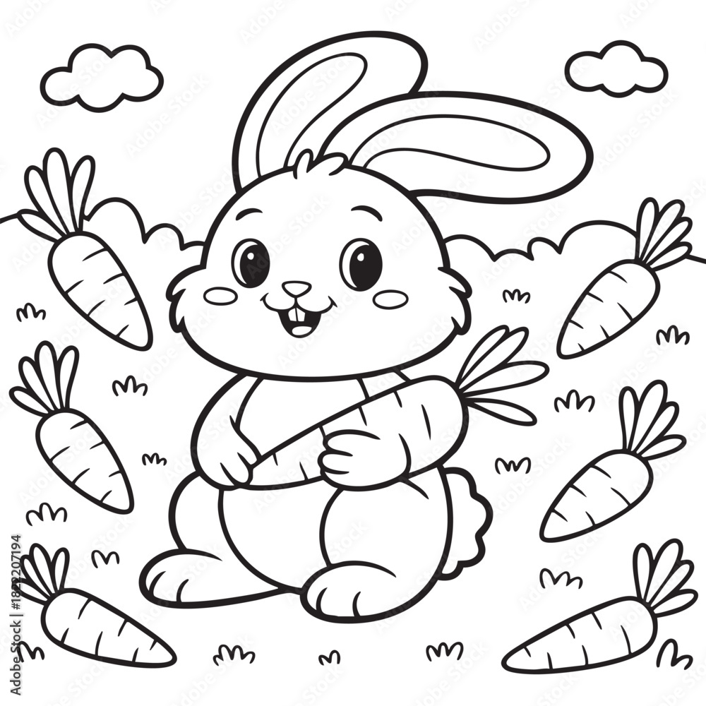 Obraz premium Cute cartoon bunny rabbit holding a carrot surrounded by carrots Keywords: bunny, rabbit, cartoon, drawing, outline, black and white, animal, pet, cute, happy, smiling, character, illustration