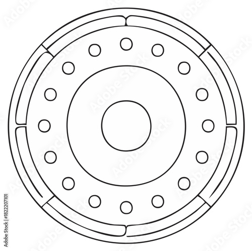 Symmetrical circular geometric line drawing of a mechanical part or ancient temple floor plan