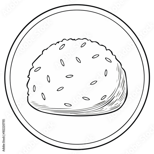 Artistic line drawing of rice ball on plate, traditional Japanese food illustration