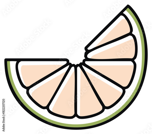 Stylized Slice of Pink Grapefruit with Green Rind and White Background