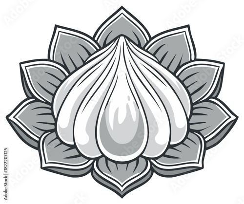 Elegant Grayscale Garlic Clove with Ornate Blossom Petals Vector Art