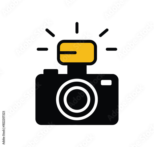 A simple graphic illustration of a camera with a flash activated, emitting light rays.