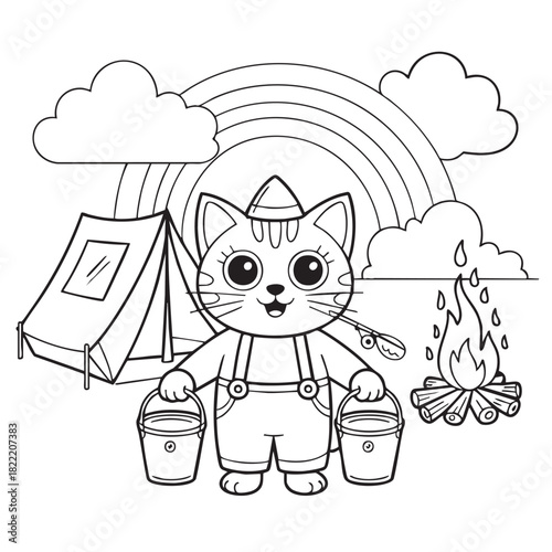 Cute cartoon cat in overalls with buckets at a campsite with a rainbow and campfire kitten camping