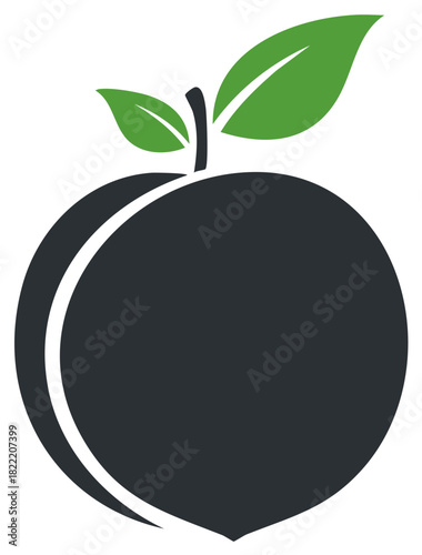 Dark Colored Peach Icon with Green Leaves Modern Simple Illustration