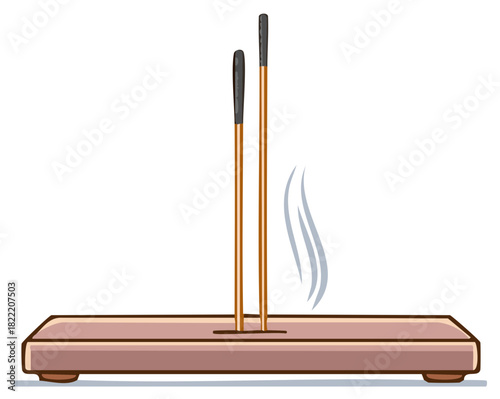 Illustration of burning incense sticks in a simple brown holder with wisps of smoke