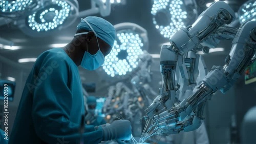 Surgeon using robotic surgical arms in a modern operating room setting