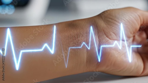 Heartbeat pulse animating on womans arm in extreme closeup. Digital ECG waveform glowing on skin. Vital signs monitoring and health visualization concept.