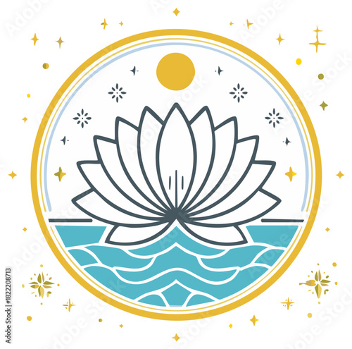 Stylized Lotus Flower Floating on Rippling Water Surrounded by Stars and a Sun