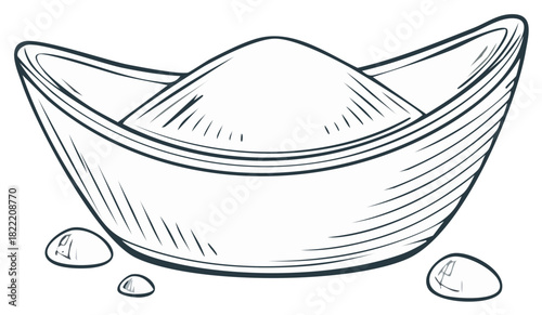 Hand drawn illustration of a traditional Chinese gold ingot filled with powder and pebbles