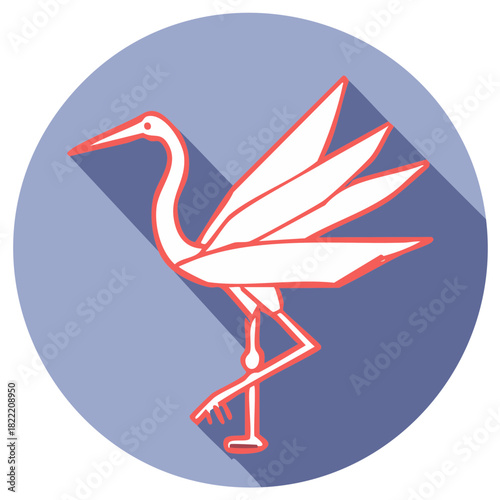 Stylized crane bird illustration in a circle with long shadow