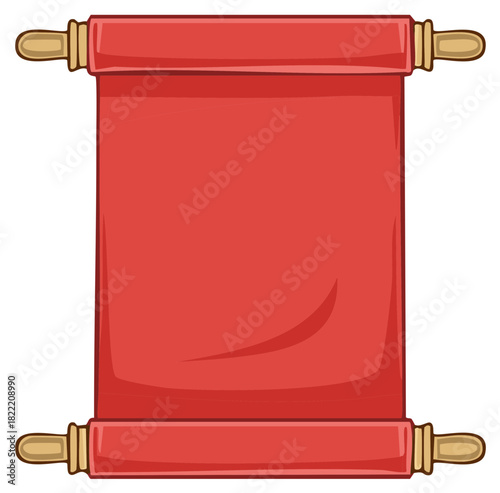 Vibrant red unrolled scroll with decorative wooden handles, blank parchment for custom message or design