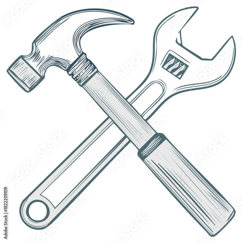Crossed hammer and adjustable wrench illustration graphic symbol for repair and construction