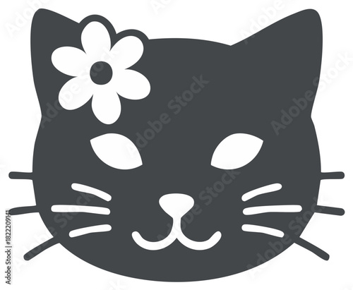 Cute Cat Face Icon with Flower Cartoon Pet Animal Kitten Head Drawing