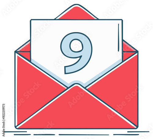 Red open envelope with a letter showing the number nine a new mail notification concept