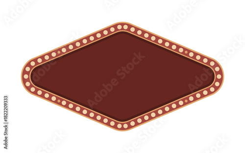 A maroon diamond shaped sign with rounded corners and lights around the edge on a white background