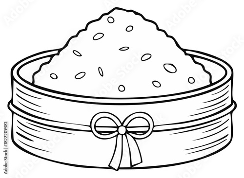 Hand drawn illustration of a generous serving of fluffy rice in a traditional bowl adorned with a decorative ribbon