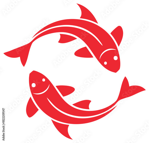 Stylized Red Fish Swimming in a Circular Pattern Against a White Background