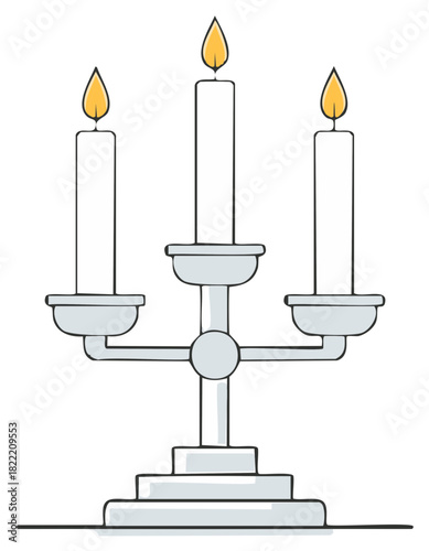 Vintage three-armed candelabra with burning white candles illustration