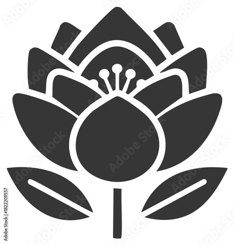 Elegant Lotus Flower Illustration with Detailed Petals and Leaf Design in Monochrome