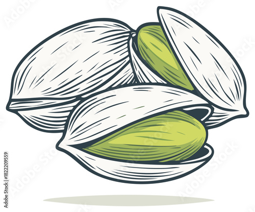 Hand drawn illustration of ripe pistachios in their shells revealing vibrant green kernels