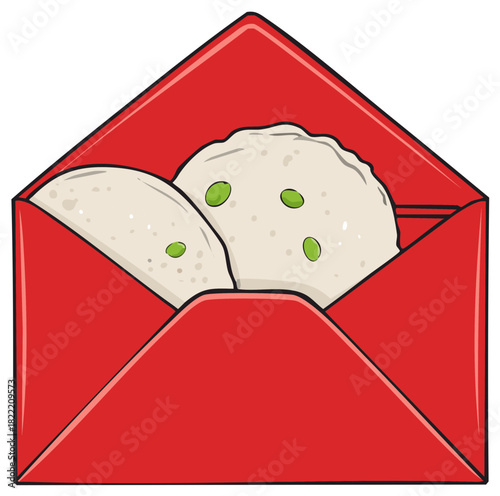 Illustration of Pancakes with Green Peas Inside a Red Envelope for Special Occasions