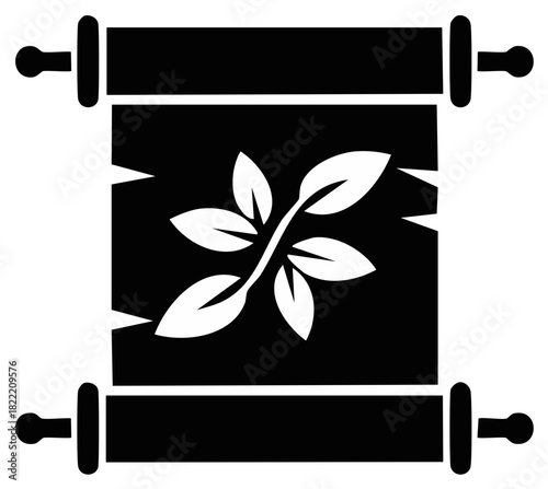 Minimalist black scroll document icon displaying white leafy plant sprout graphic