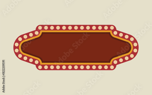 A vintage style sign with maroon background and lightbulb border on a light beige background
