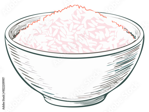 Hand drawn illustration of a bowl filled with white rice grains, food sketch vector art