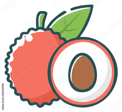Iconic Illustration: Whole and Halved Lychee Fruits with Green Leaf Accents on Light Background